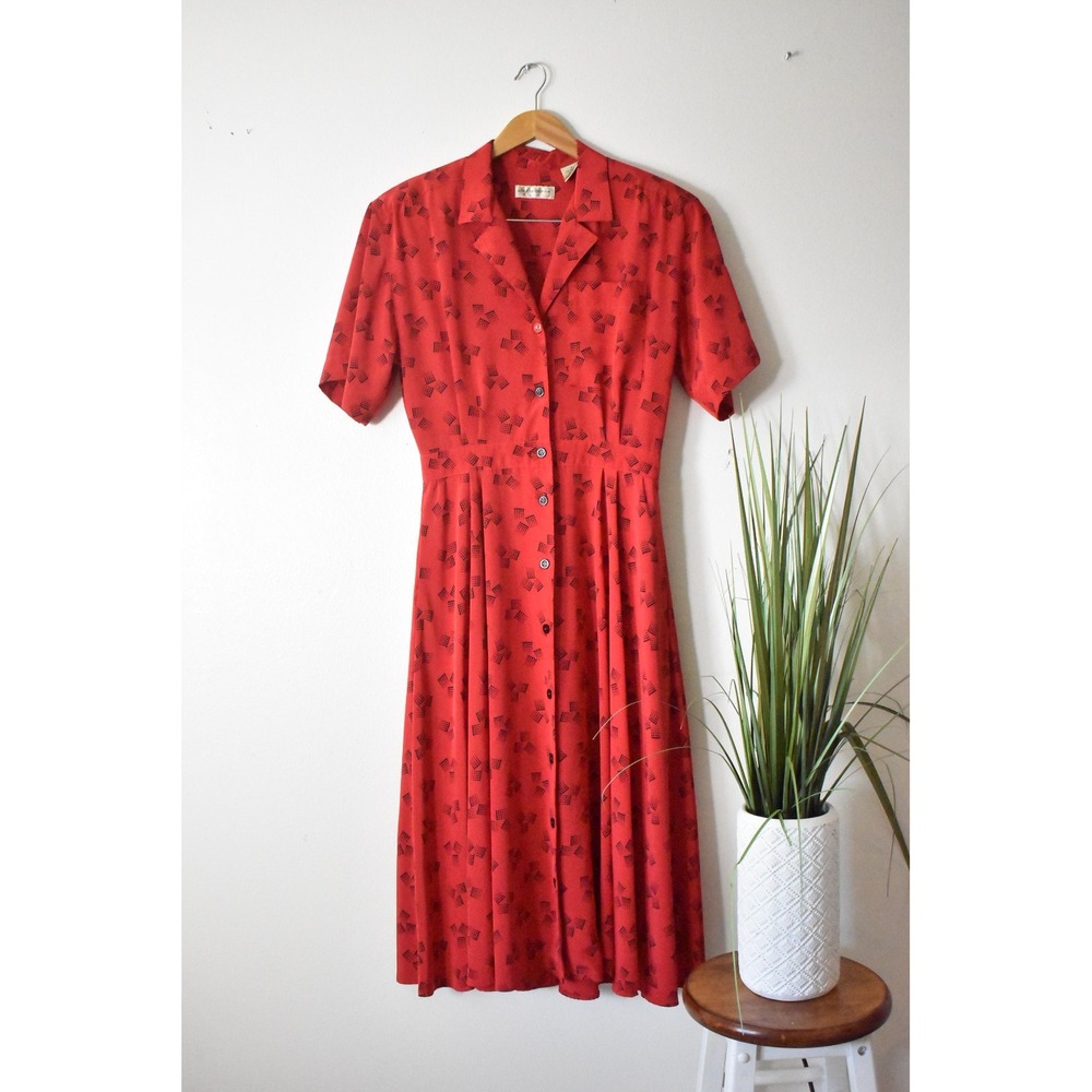 Liz Claiborne Shirt Dress Womens 12 Red 80s Shoulder Pad Geometric Midi 241 - Picture 7 of 10
